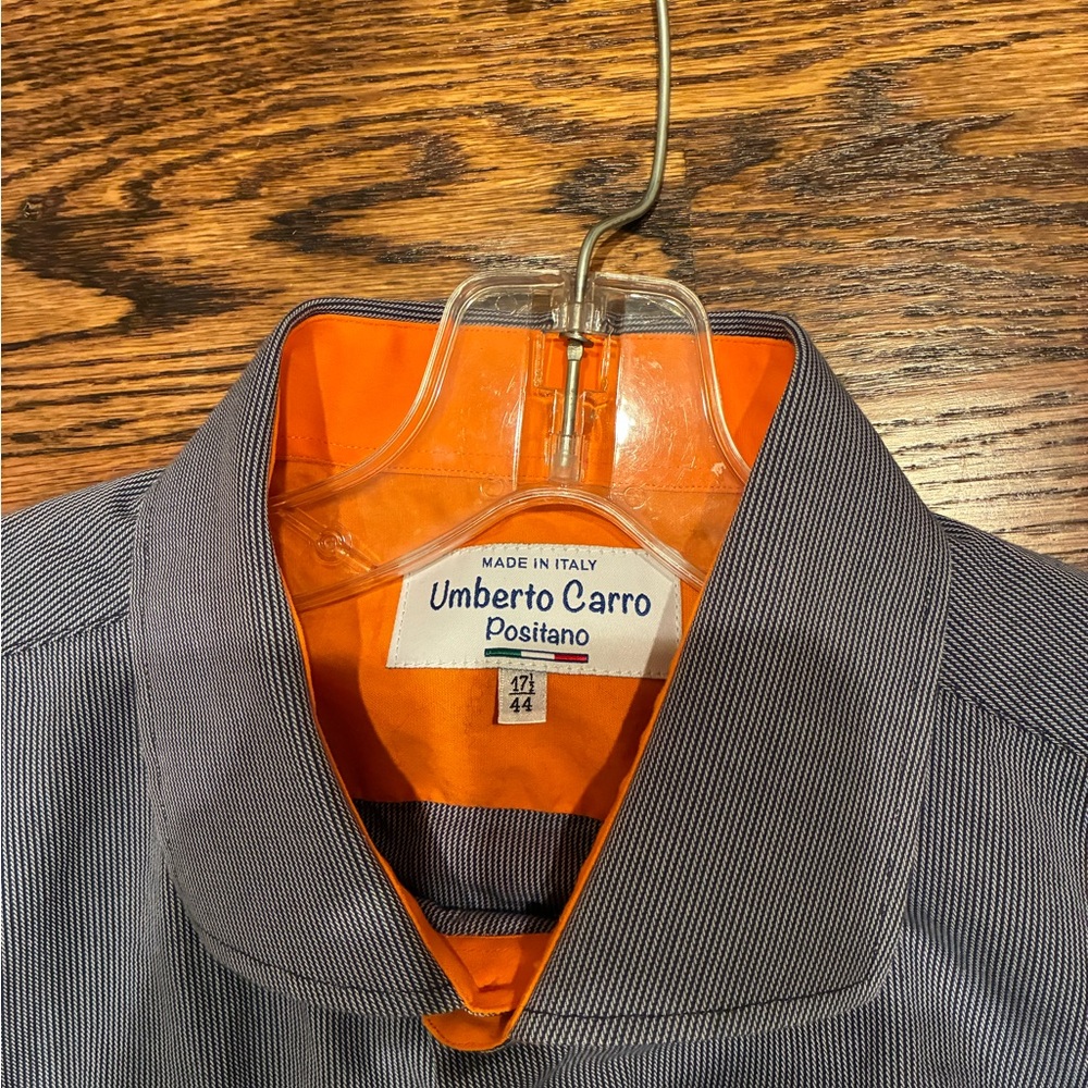Umberto Carro Navy micro-stripped Dress Shirt with Orange Trim